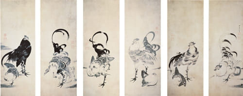 鶏図押絵貼屏風（右隻）