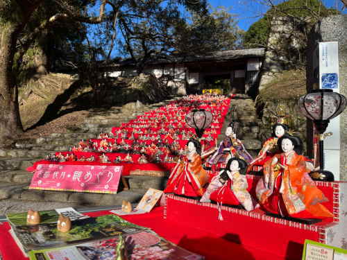秋月城跡「長屋門」前の石段に並べられた雛人形