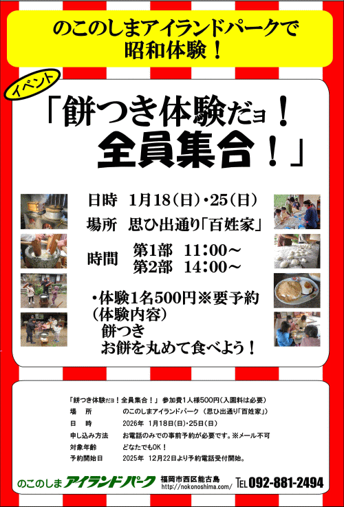 のこのしまアイランドパーク 餅つき体験だョ！全員集合！