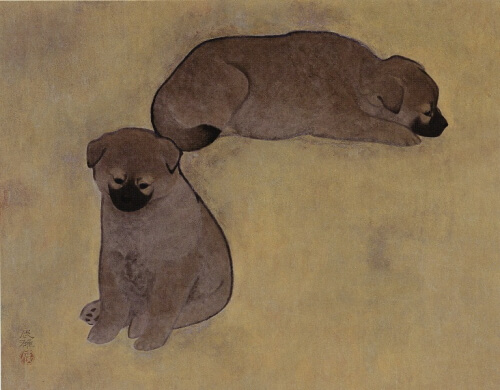 髙山辰雄 《二匹の仔犬》