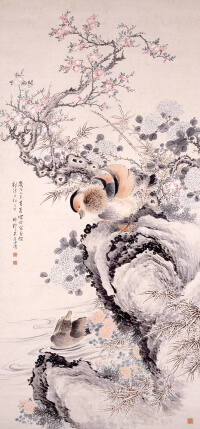 田近竹邨《鴛鴦遊春池図》