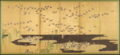 佐光起筆　磯千鳥図屏風（左隻）